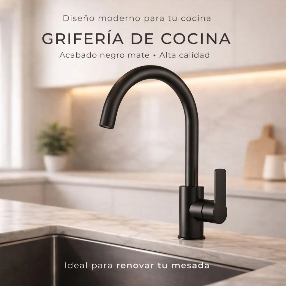 Griferia Monocomando Mesada Negro Mate Pico Alto